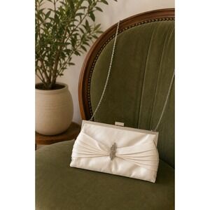 Vintage Fiona White Satin Evening Bag Crystal Brooch Bridal Wedding Crossbody